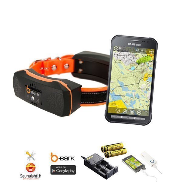 B-Bark GPS dog tracking system — GPS collar with B-Bark logo and Samsung rugged phone showing topographic map with real-time dog positioning