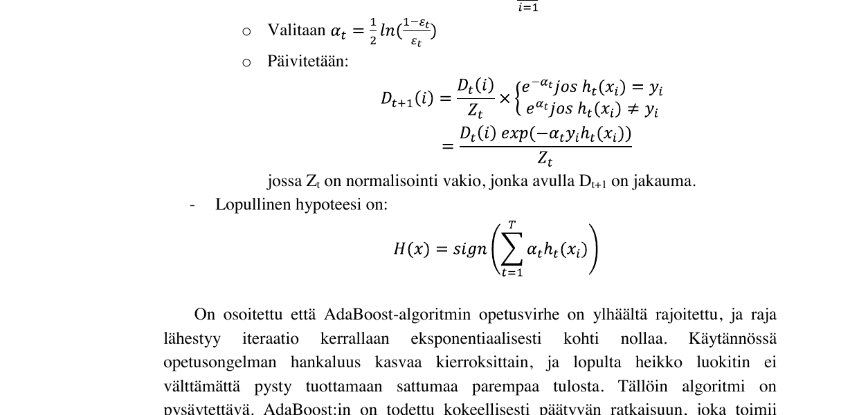 AdaBoost weight update formula — D_{t+1}(i) exponential update rule and final hypothesis H(x) from face detection thesis