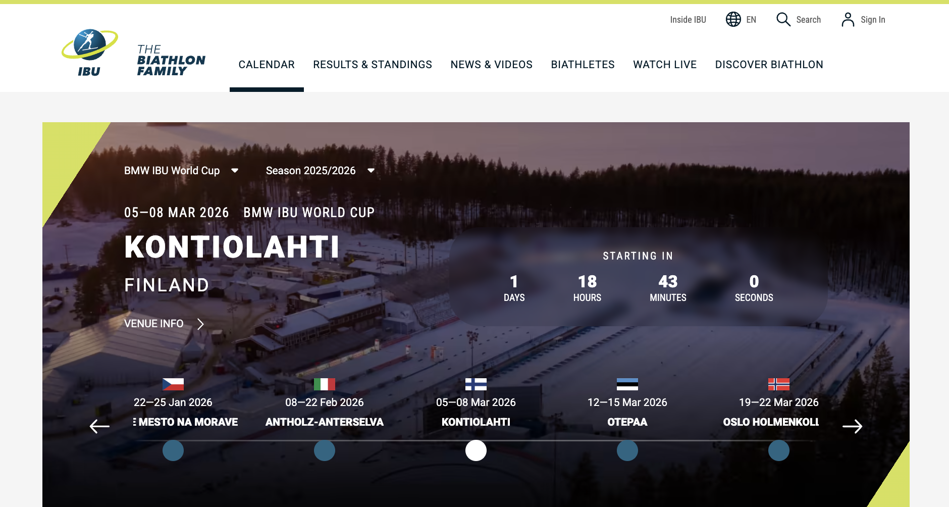 IBU biathlonworld.com — World Cup calendar page showing Kontiolahti event with countdown, venue photo, and upcoming competitions