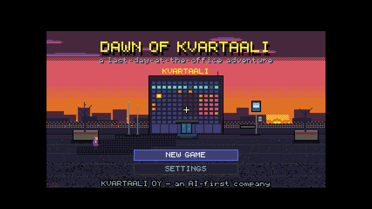 Dawn of Kvartaali title screen — pixel-art city skyline at sunset with a New Game menu