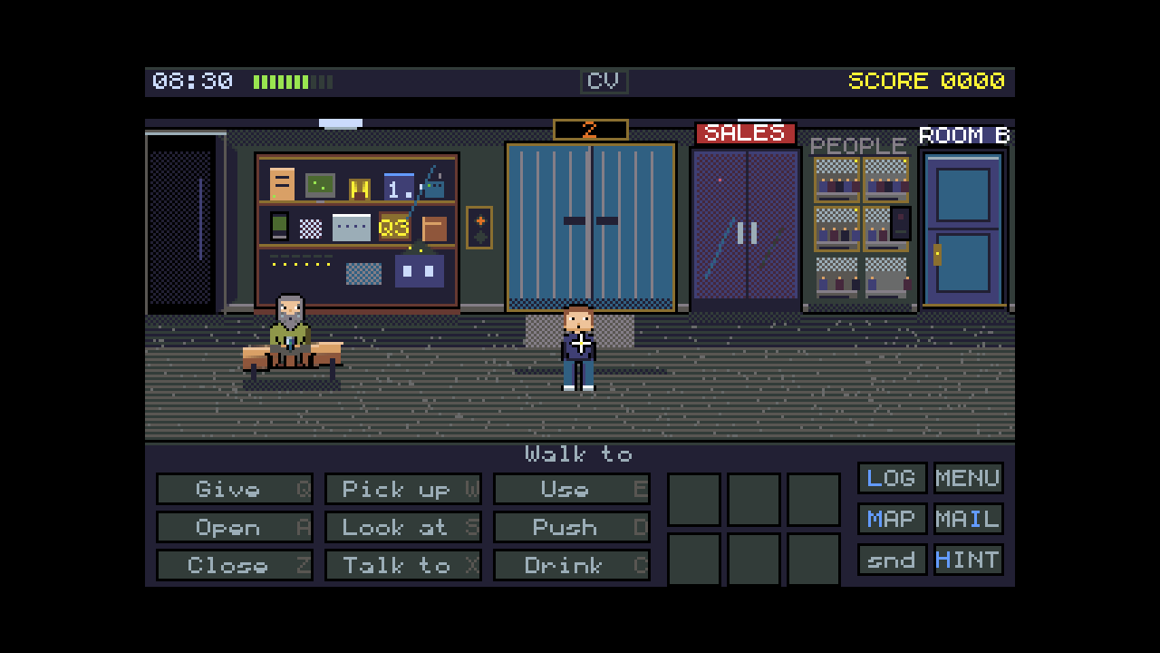 Office lobby rendered as a LucasArts-style pixel point-and-click, with a SCUMM verb bar