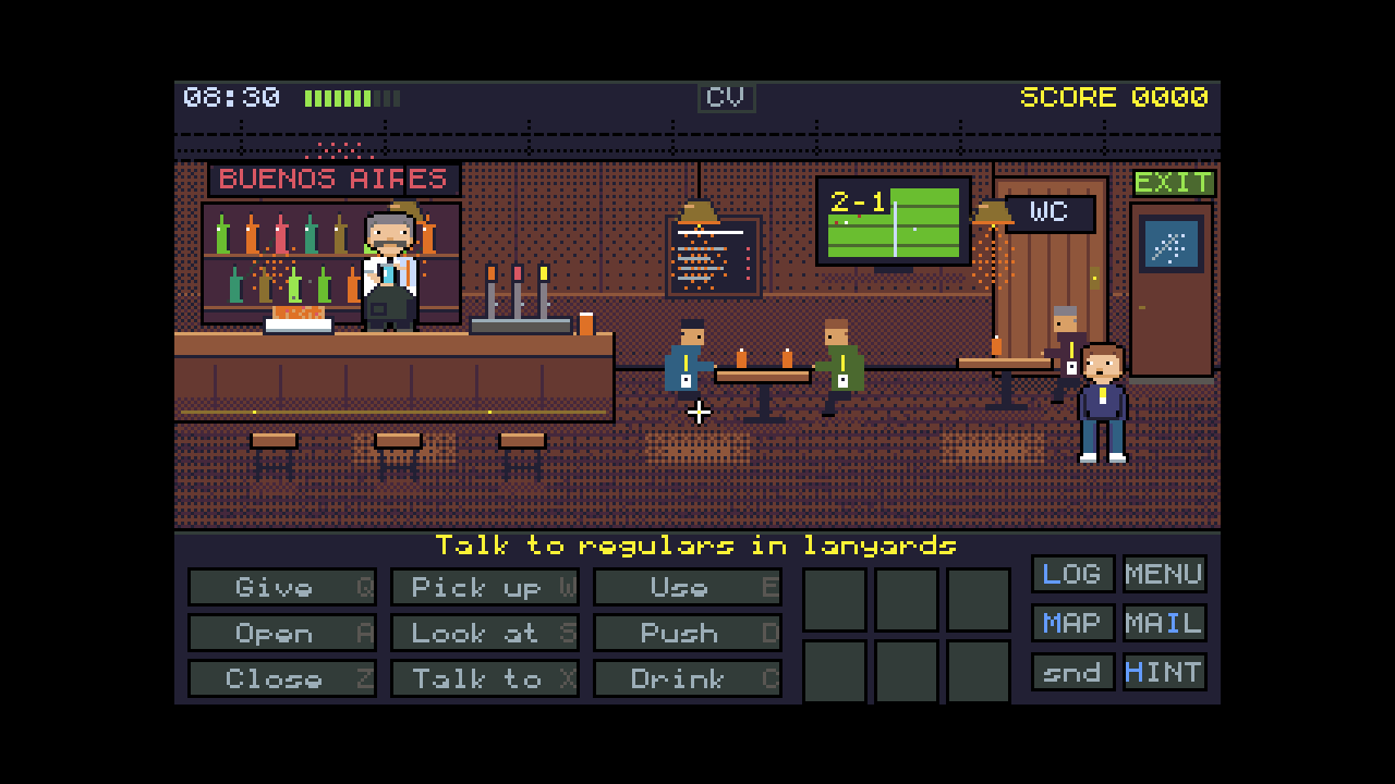 A pixel-art bar with a bartender, bottles, and patrons in company lanyards