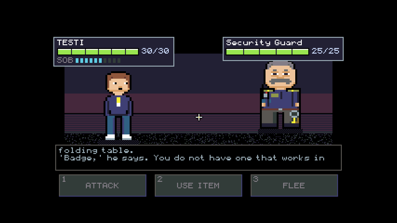A turn-based confrontation screen with Attack, Use Item and Flee options over a pixel-art scene