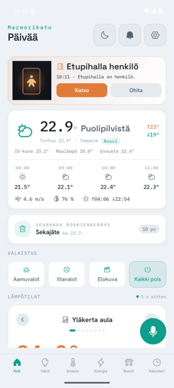 Home dashboard showing a front-door alert, the weather, temperatures and quick controls