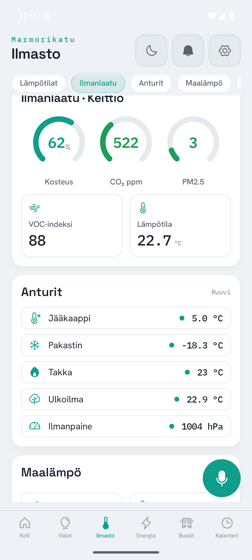 Air-quality screen with circular gauges and monospace numeric readouts