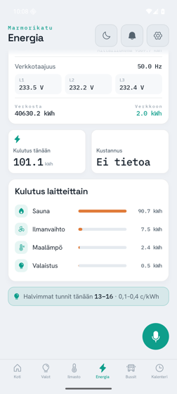 Energy consumption broken down by appliance, with the sauna now showing a believable figure