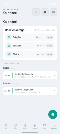 Calendar screen merging family events and waste-collection schedule
