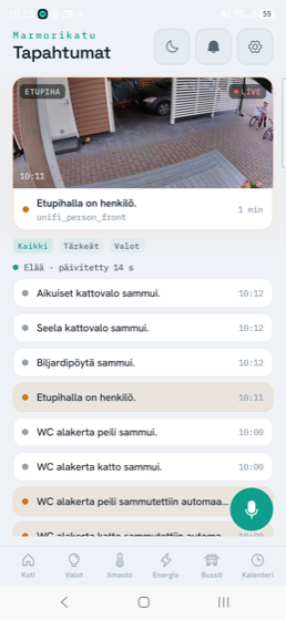 Events feed showing a front-door camera snapshot of a person