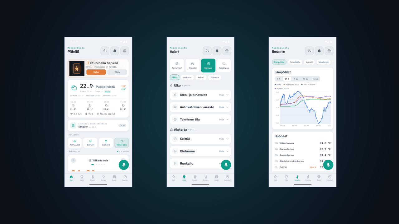 Marmorikatu home-automation app — home dashboard, lights, and room-temperature screens shown on three phones