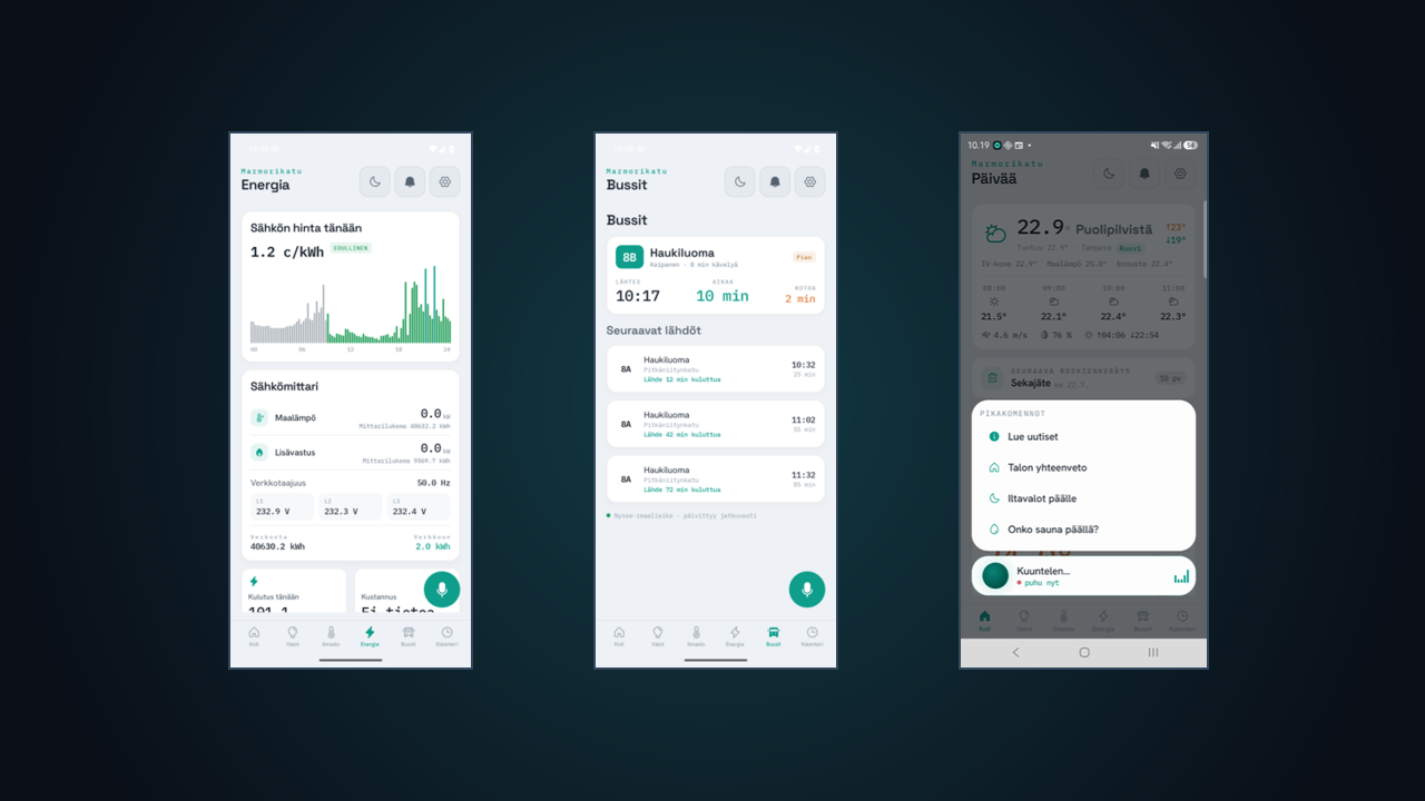 Marmorikatu app — electricity price, live bus departures, and the Finnish voice assistant